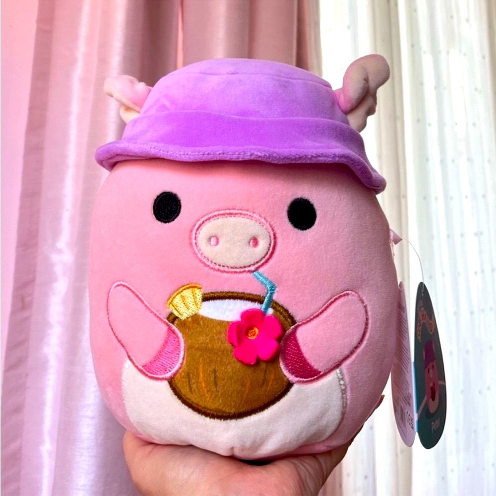 Peter the pink pig with a purple bucket hat, + coconut drink Squishmallow 8” NWT